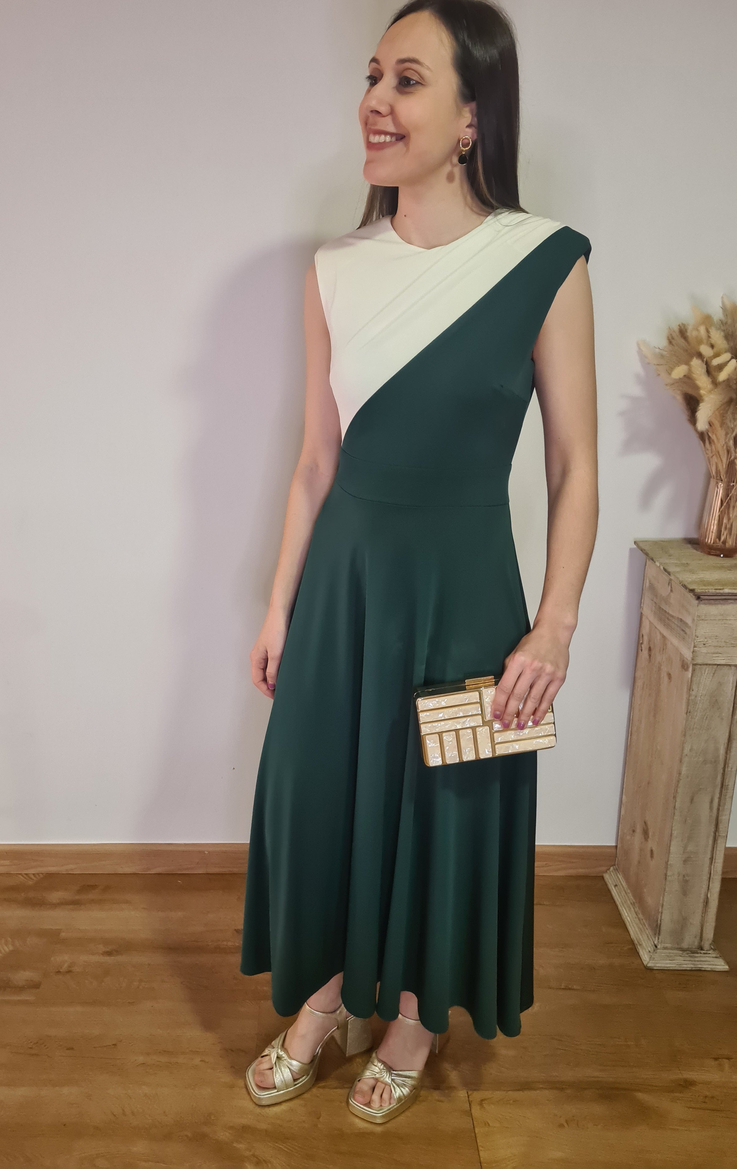 Vestido Bicolor Verde/Crudo