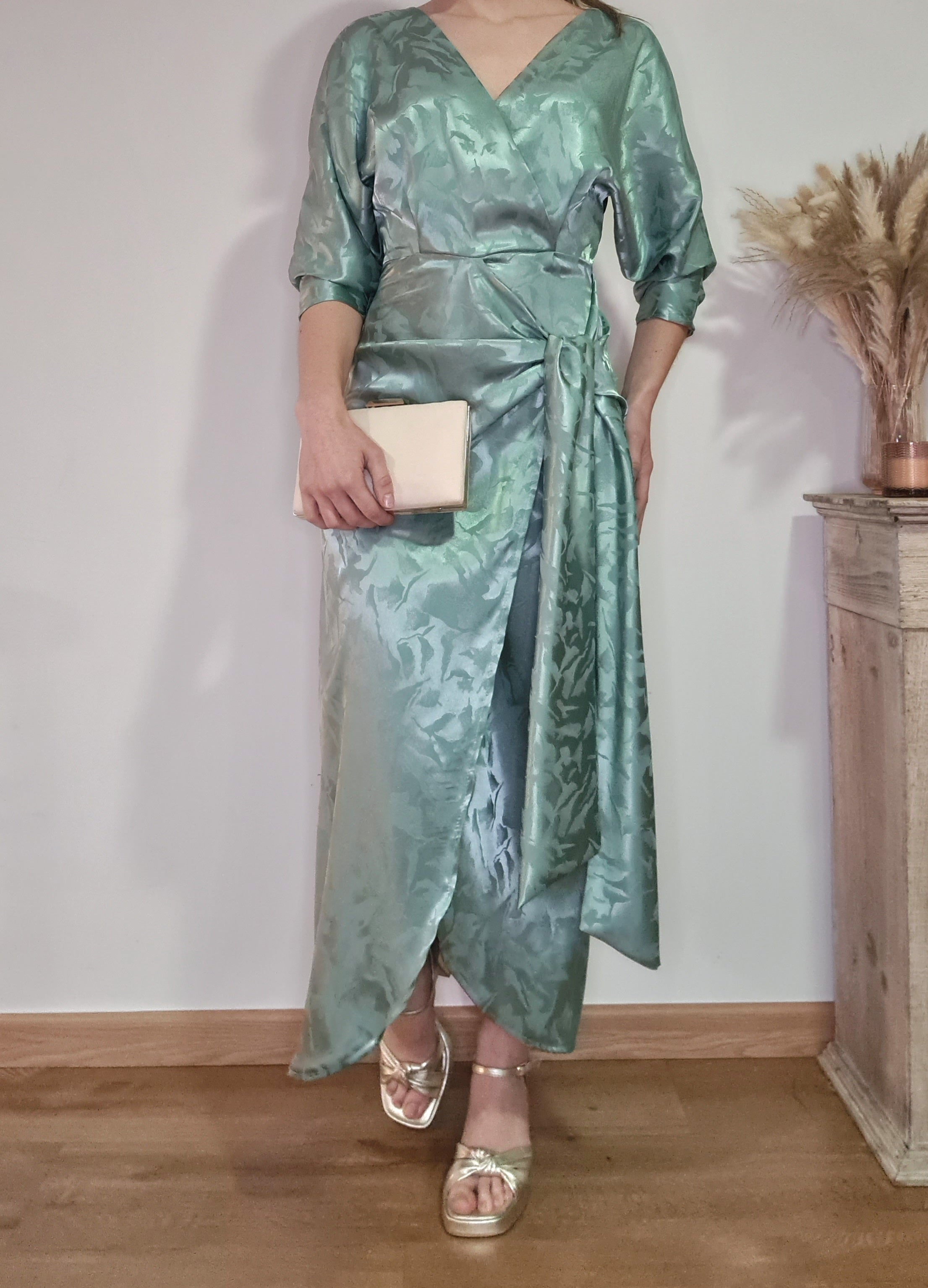 Vestido Jacquard Verde Cruzado