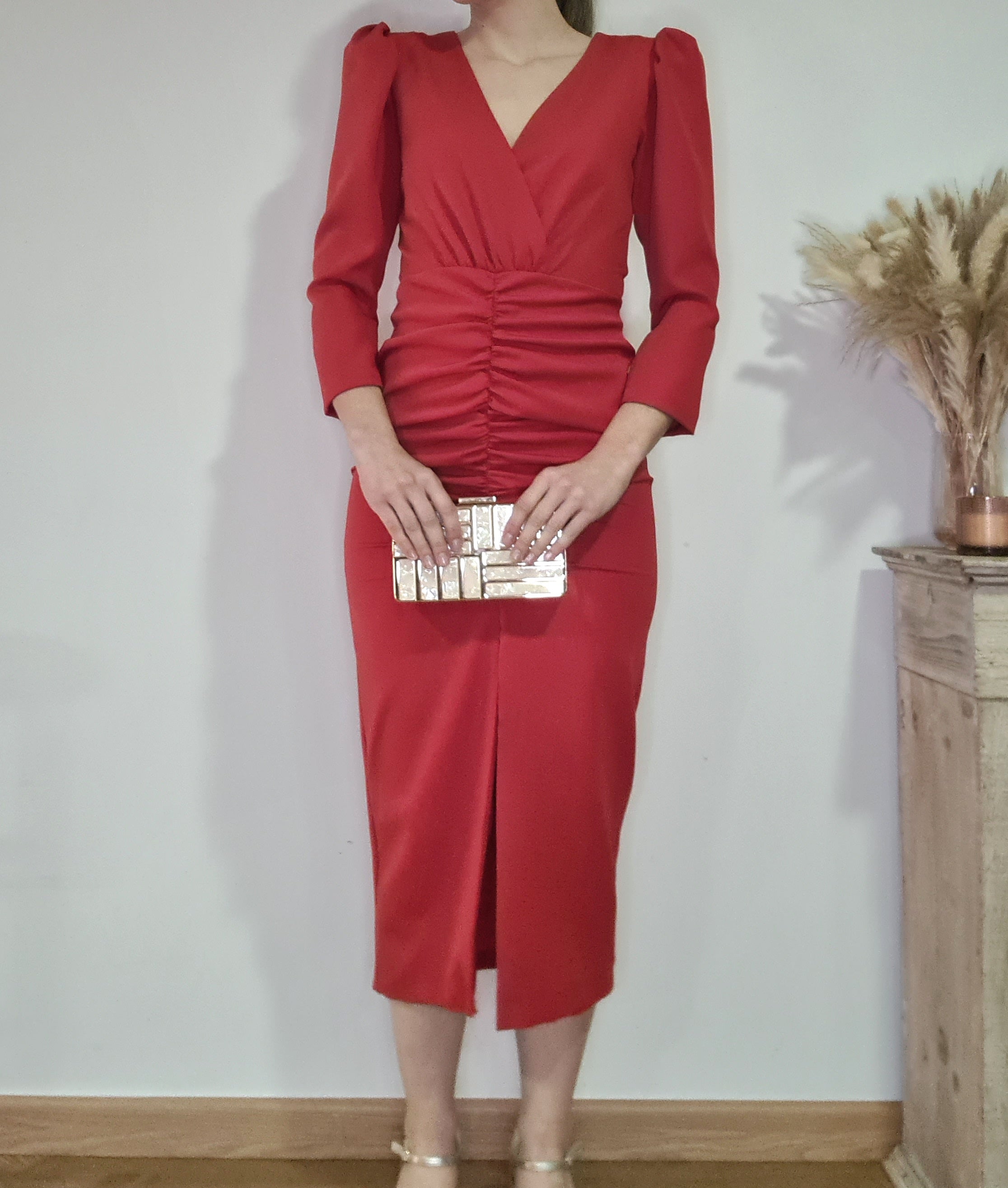 Vestido Escote Drapeado Rojo