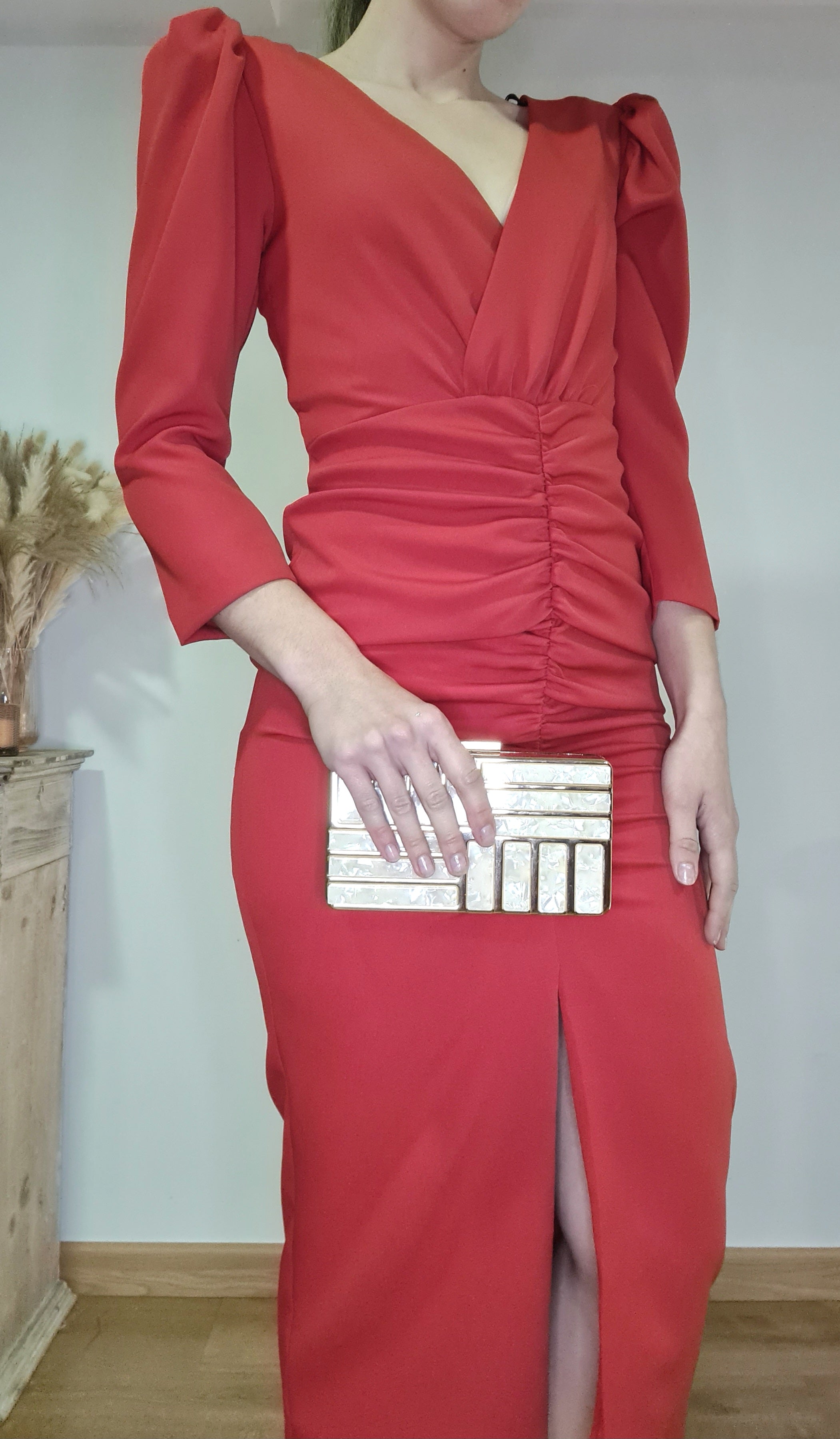 Vestido Escote Drapeado Rojo