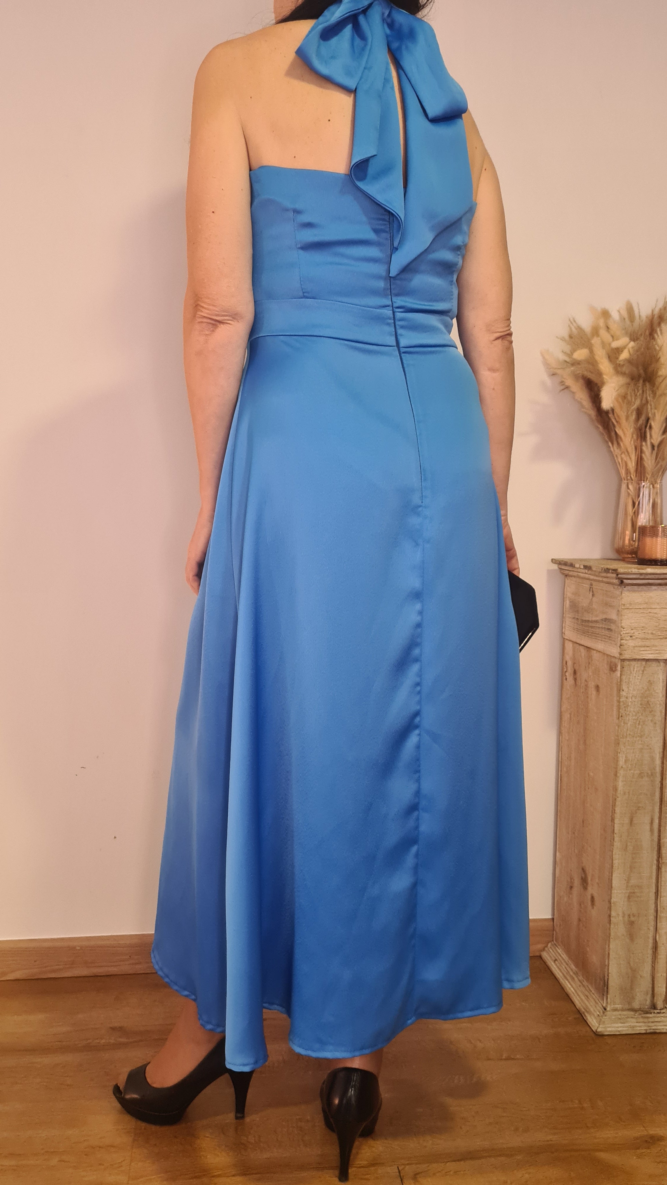 Vestido Cuello Halter Crep Azul