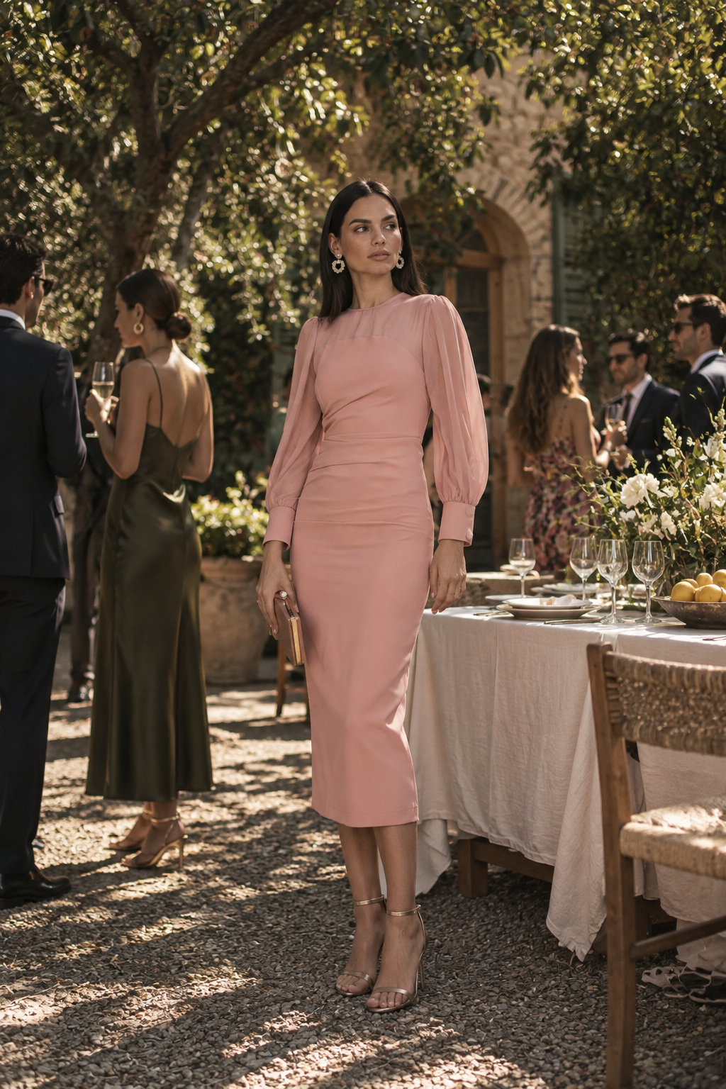 Vestido Nude Mangas Gasa